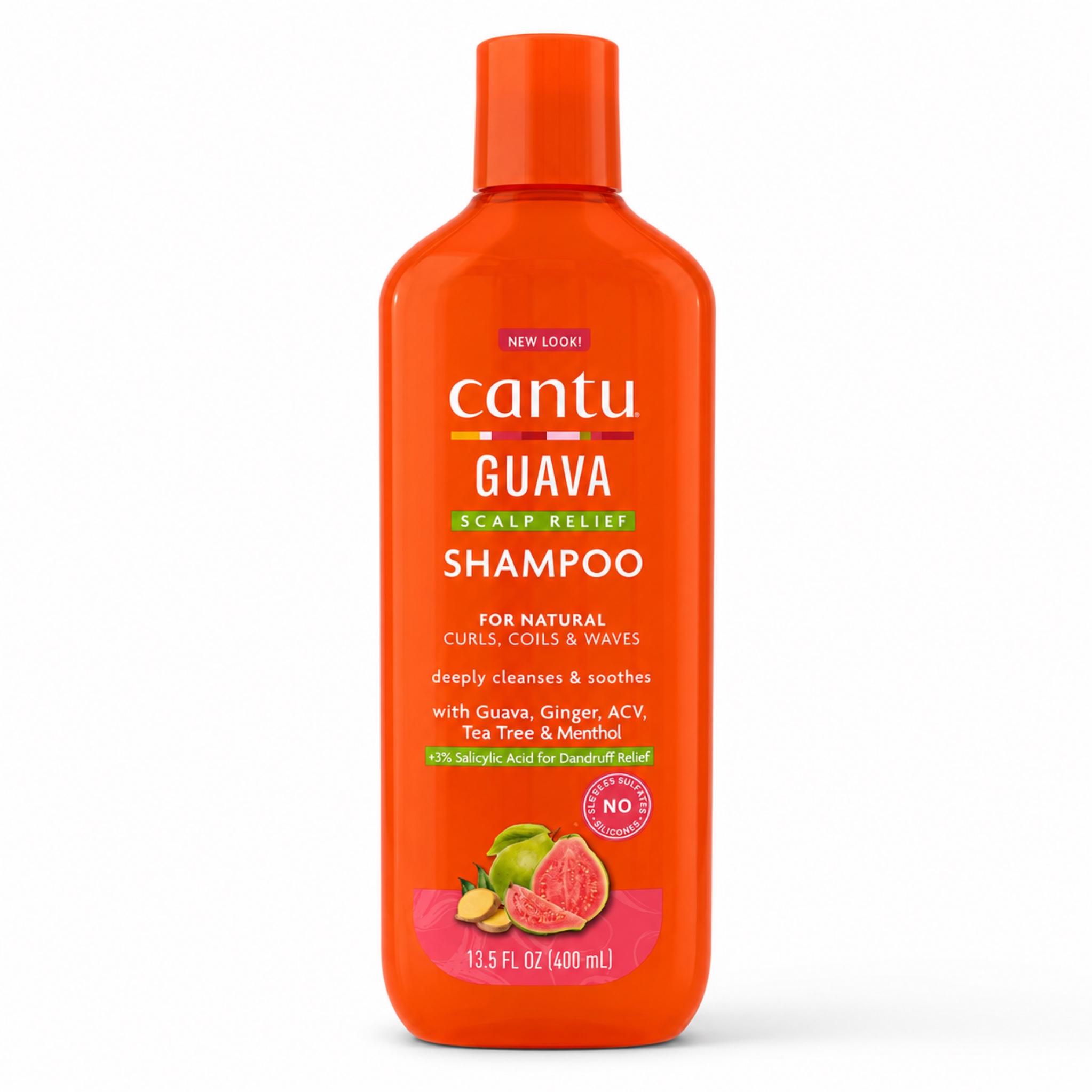 شامپو احیاکننده پوست سر Cantu Guava & Ginger (حاوی گواوا، زنجبیل، سرکه سیب و روغن درخت چای) – مناسب موهای فر و ویو – حجم ۴۰۰ میل