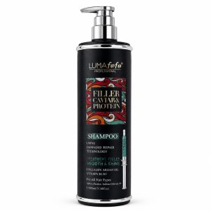 شامپو فیلر خاویار و پروتئین LUMAFOFO Professional – تکنولوژی ترمیم آسیب‌دیدگی – صاف‌کننده و براق‌کننده – حاوی کلاژن، روغن آرگان و ویتامین B2-B5 – مناسب انواع مو – حجم ۹۰۰ میل